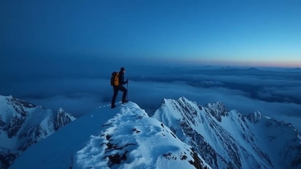 Montanhista no cume nevado